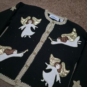 Belle Pointe Sweater Medium Vintage Gold Beaded Angel Choir Horn Church Cardigan